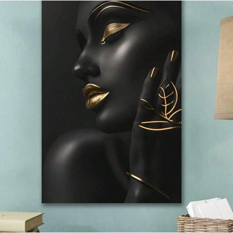Affiche Visage Féminin Noir et Or avec Texture Feuille d'Or pour Grand Salon