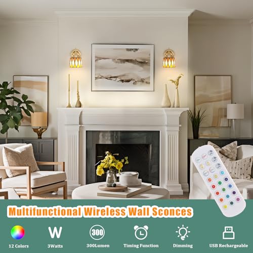 Image of Vintage Battery Operated Wall Sconce Set of 2, 5000mAh Rechargeable Wall Lamp 12 RGB Colors Dimmable, Gold Lights Fixture for Bedroom Bathroom Living Room Hallway Orange Checker
