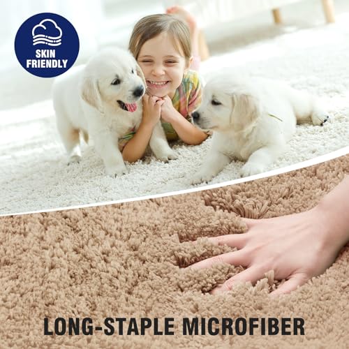 Image of Shaggy Polyester Microfiber Round Rug Carpet for Living Room | Ultra Soft Fluffy Plush Area Rug | Anti-Skid Non-Slip Backing | Washable Carpet for Bedroom- (5x5 feet, Ring Beige, Round)