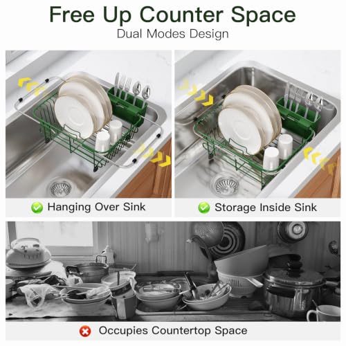 Image of JASIWAY Green Dish Drying Rack in Sink with Utensil Holder, RV, Apartment