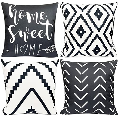 Decorative Throw Pillow Covers 18X18 Inch Black White Pillow Covers For Couch Sofa Living Room Bedroom Farmhouse Outdoor Throw Pillow Cover,Modern Geometric Linen Square Throw Pillow Case Set Of 4 #TOP25
