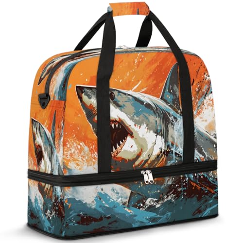 Travel Duffel Bags Ocean Shark Foldable Weekender Bags for Women with Shoes Compartment Waterproof & Tear Resistant Carry on Overnight Luggage Duffel Bag Shoulder Sports Tote Bag,B-993