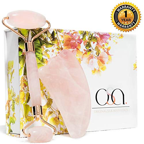 Rose Quartz Facial Roller By OSA - 100% Natural Jade Roller and Gua Sha Beauty Set – Reduces Wrinkles, Rejuvenates Skin, Tightens Sagging, Durable & All Natural Massaging Tool for A Younger Face