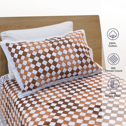 Image of TOAI Hand Block Printed Bedsheet | Bed Spread Flatsheet Bed Sheet | Pure Cotton | Single Bed Size 60 inchx90 inch | 300 TC Long Staple Cotton | 1 Reversible Pillow Cover |Checks Lines Brown