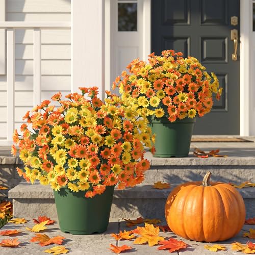 Image of HyeFlora Artificial Mums for Outdoors Fall Decor, 6 Bundles Fake Flowers UV Resistant Realistic Faux Flowers Bouquet Silk Flowers for Outside Planter Porch Patio Garden Yard Balcony Home, Mix