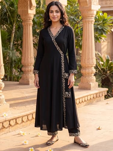 Image of Vaamsi Women's Georgette Embroidered Flared Angrakha Pant With Dupatta With Inner