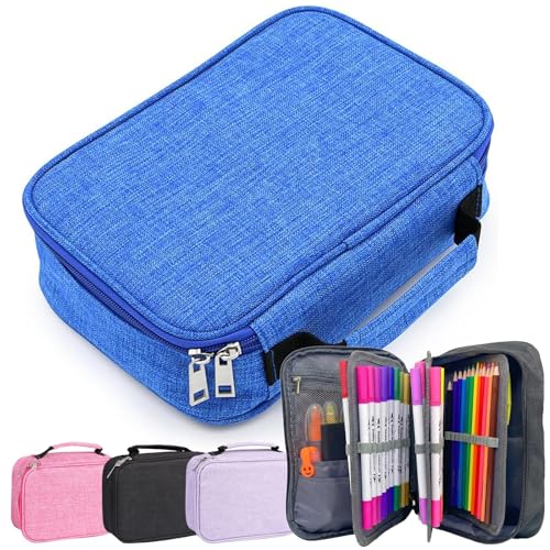 Estojo Escolar, Grande Capacidade, Box Jumbo Com Alça E Elastico Para 72 Canetas Ou Lápis, Feminino Masculino, Organizador Divisórias Zíper (Azul)