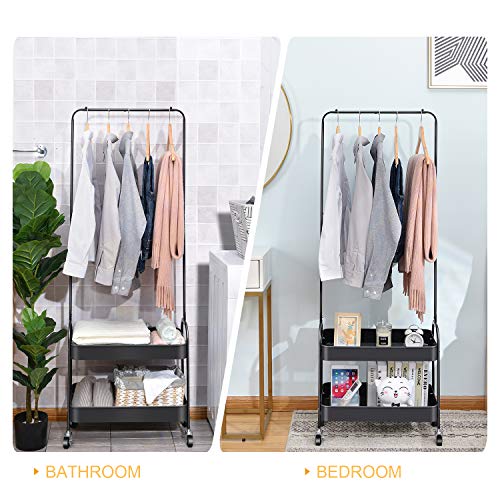 Kingrack 2-In 1 Garment Rack, Clothing Rack With 2 Tier Metal Basket, Rolling Storage Cart Clothes Organizer Coat Rack Storage Stand On Wheels, For Home Bedroom Laundry Small Place Entryway, Black #TOP5