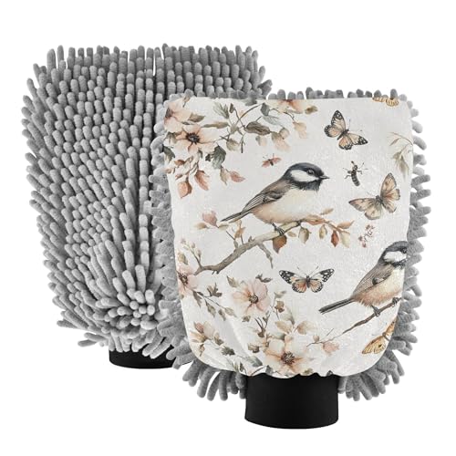 Aesthetic Black-Capped Chickadee Birds Microfiber Wash Mitt 11.8'' Car Mitts for Washing Scratch Free Detailing Sponge for Wash Drying