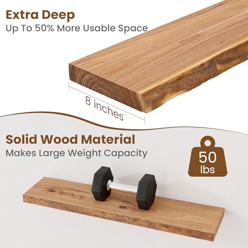 Image of Floating Shelves for Wall Decor, Rustic Solid Elm Wood Live Edge Floating Shelves Wall Mounted, Wall Shelves with Invisible Bracket for Living Room Bathroom Bedroom Kitchen, 32 Inch Set of 2, Natural