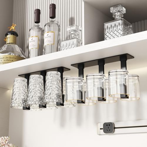 Vaisoeny Porta calici sottopensile, 2 confezioni di portabicchieri senza foratura, installazione portabicchieri da vino sotto armadio per sala da pranzo, cucina e bar (Nero)