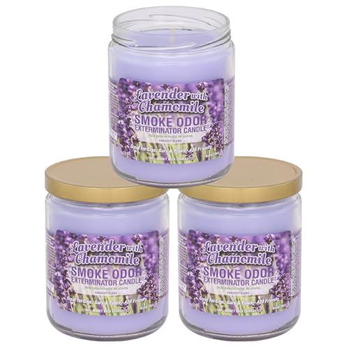 Smoke Odor Exterminator 13 oz Jar Candles Lavender Chamomile, (3) Set of Three Candles.