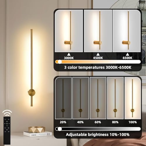 Image of Battery Operated Wall Sconce USB Rechargeable Sconces, 23.6 inch Brushed Gold Wireless Wall lamp Set of 2, 3000K-6000K & Dimming with Remote Control, LED Wall Lights for Living Room, Bedroom