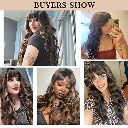 Kome Dark Brown Wigs With Bangs,Brown Highlight Long Wavy Wig For Women,Long Curly Synthetic Hair Wig For Party Daily Use 24In #TOP6