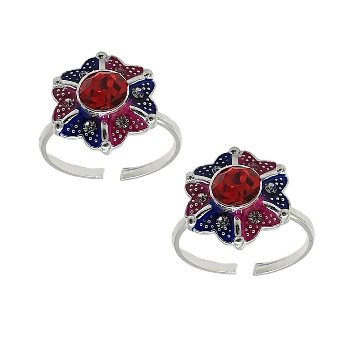 sahiba gems Pure Silver/Chandi Rich Look Antique Multi-Color Toe Rings/Chutki with Red Stone Cz For Women ~ Pack in 2 Pieces-picture-4
