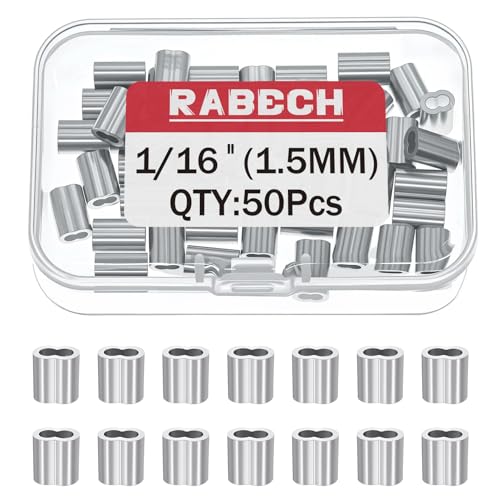 RABECH 1/16 Inch Aluminum Crimping Loop Sleeve 1/16 1.5MM Cable Ferrules Crimp Loops Sleeves for Wire Rope (Pack of 50Pcs)