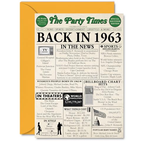 62nd Birthday Cards for Men Women - Back In 1963 Newspaper - 62 Happy Birthday Decorations Card for Her Him Grandpa Grandma Dad Mom Uncle Aunt Vintage Retro Born In 1963, A5 Bday Anniversary Cards 62nd Birthday Cards for Men Women - Back In 1963 Newspaper - 62 Happy Birthday Decorations Card for Her Him Grandpa Grandma Dad Mom Uncle Aunt Vintage Retro Born In 1963, A5 Bday Anniversary Cards