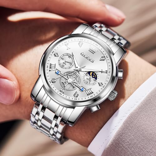 Image of OLEVS Mens Watches Luxury Diamond Calendar Stainless Steel Male Watches Business Dress Waterproof Luminous Fashion Watch for Men