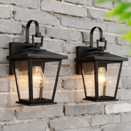 Image of Kalium Outdoor Wall Lantern 2 Pack, Waterproof Exterior Wall Mount Light with Clear Glass in Black Finish, Porch Outside Lighting for Entryway, Backyard, Patio, E26 Base, Clear Glass 12.5 in