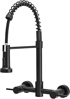 AIMADI Grifo de cocina de montaje en pared, grifo de fregadero de cocina negro mate con rociador extraíble, grifo comercial de 8 pulgadas y 2 manijas para cocina, lavandería, restaurante