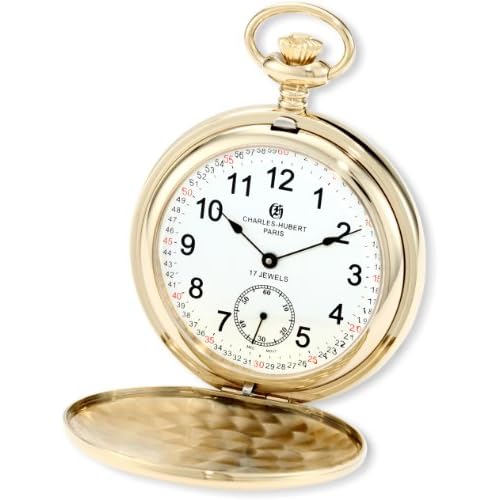 Charles-Hubert, Paris 3907-GRR Premium Collection Gold-Plated Stainless Steel Polished Finish Double Hunter Case Mechanical Pocket Watch