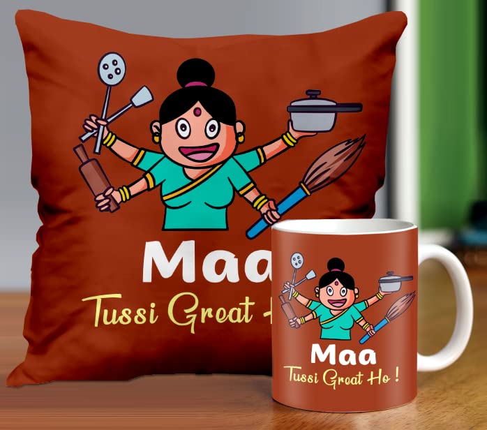 ME & YOU "Maa Tusi Great Ho Printed Cushion for Mother/Mom Hamper |Cushion with Coffee Mug Gift for Mom | Mother Day Combo Mummy Gift |Gift for Mom