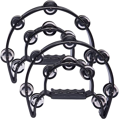 Foraineam 2 Pieces 9 Inch Half Moon Handheld Tambourine - Double Row 20 Pairs Jingles Musical Percussion - Black