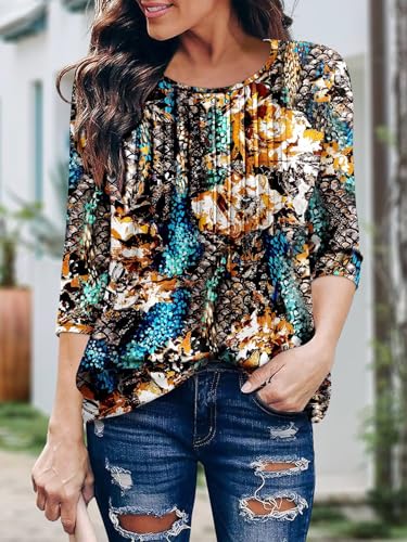 KISSMODA Tunic Tops for Women Loose Fit Dressy Round Neck Pleated 3/4 Length Sleeve Spring Tops