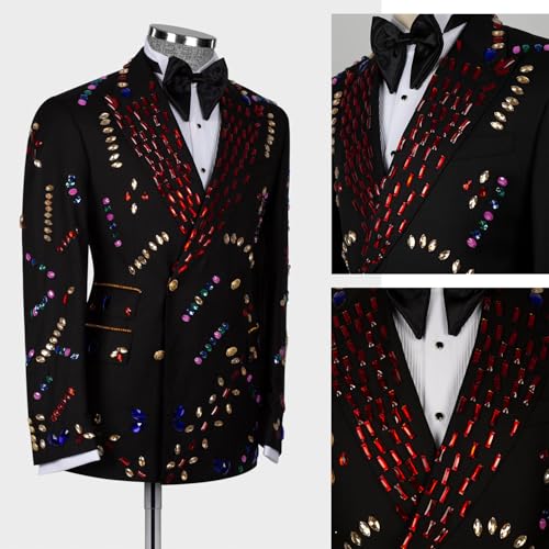 2 Piece Men's Tuxedo Black Suits Luxury Crystal Colored Stone Slim Formal Blazers Jacket Pants Sets for Party,Prom3