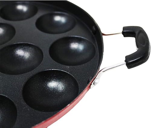 Miniatura 5 de Priya Heavy 12 cavidades antiadherentes Appam Patra con tapa inoxidable, rojo (PaniyarrakalPaniyaramAppam PanMakerPan Cake Maker), aluminio (negro