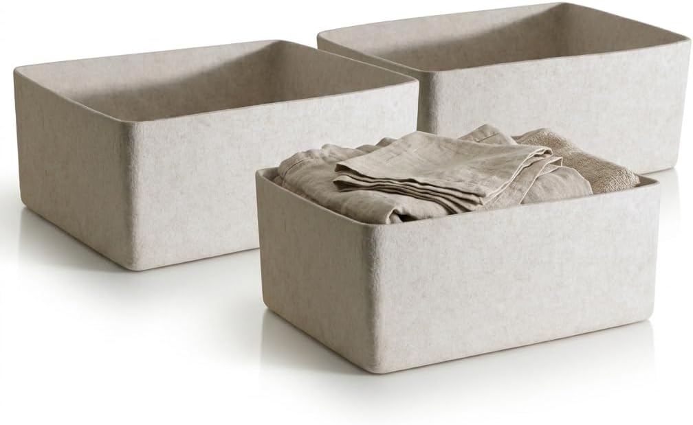 SortJoy The XL Sculpted Bins Set of 3 Storage Bin Felt Storage Basket Drawer Organizer Bins Box Toy Pet Books Clothes Closet Cabinet Bathroom, Pantry, Kitchen 19" x 14" x 8" (Carbon, Dark Grey)