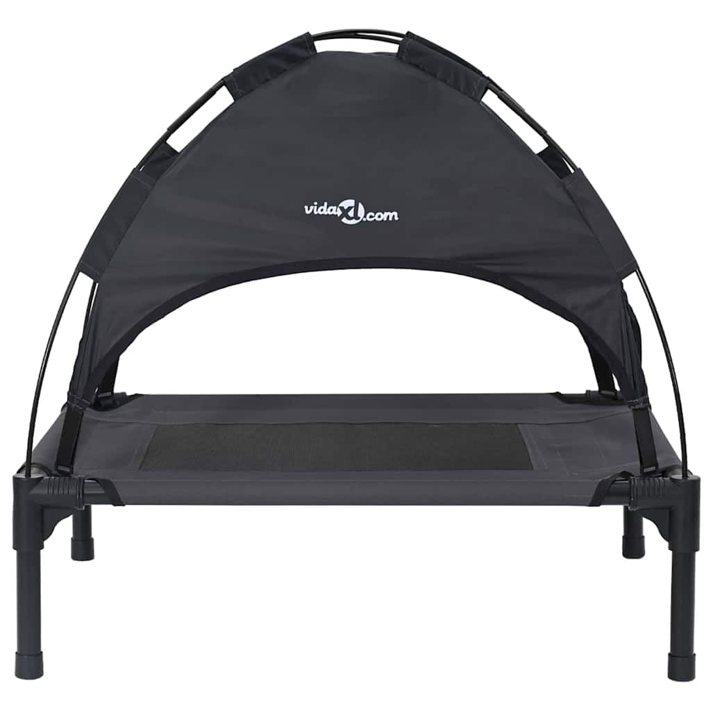 Cuccia per cani in acciaio nero, 76 x 62 x 70,5 cm, rialzata, traspirante, antigraffio, per interni ed esterni, con cuscino antiscivolo e tettuccio parasole rimovibile