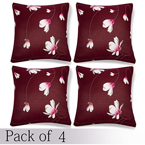 Image of HOKIPO Stretchable Cushion Cover for Sofa 16x16 Pack of 4, Wine Red Flowers (AR-4098-D11*4)
