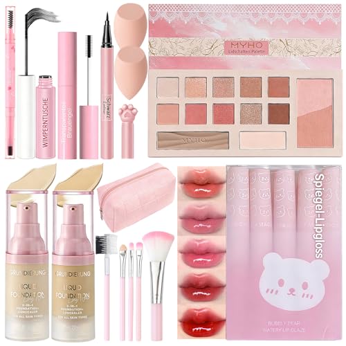 All in One Makeup Kit Korean Make Up Set Schminkset für Frauen Kosmetik Geschenkset mit Lidschatten Rouge Palette Foundation Eyeliner Mascara Augenbrauen Gel Augenbrauenstift Reisetasche