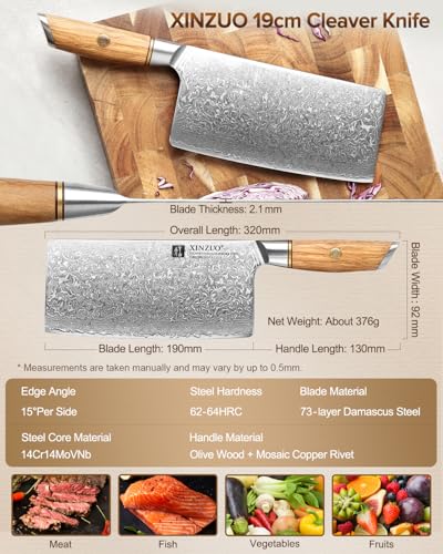 Foto von XINZUO 19cm Hackmesser, 73 Schichten Damaststahl Pulverstahlkern Hackbeil Chinesisches Kochmesser Multifunktions Chefmesser Fleischmesser -mit ergonomischer Olivenholz Griff -Lan Series
