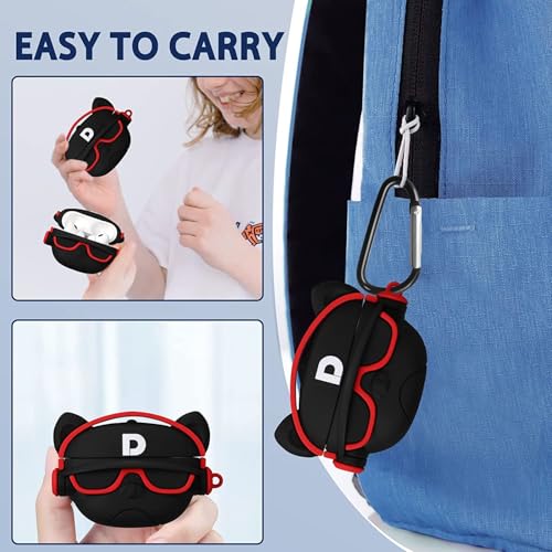 Image of Meyaar Earphone Case Cover Compatible for Realme Buds T300, Soft Silicone Skin Case Cover Shock-Absorbing Protective Case with Keychain (Front LED Visible) (Black Dog with Red Band)