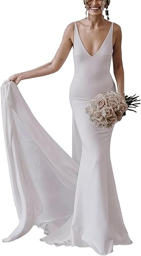 SHANDUO - Vestido de novia con cuello en V, estilo bohemio, con tirantes delgados, sirena de satén, vestido de noche con cola