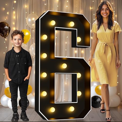 Image of Pooqla 4FT Marquee Light Up Numbers 6 for 6th 16th Birthday Decorations | Black LED Marquee Numbers Party Backdrop, 4 Feet Large Mosaic Numbers 6th 16th 60th Anniversary Birthday Gift for Boys Men