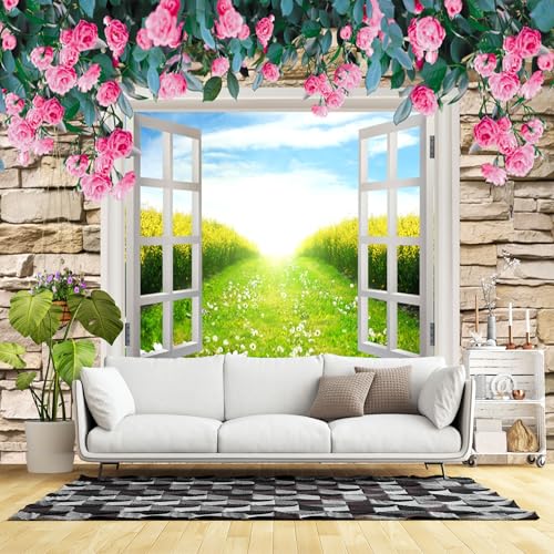Murales de pared de tamaño personalizado, ventana abierta con marco blanco, prado iluminado por el sol, cultivos dorados, tela de pared autoadhesiva (sin PVC), papel tapiz fotográfico extraíble para