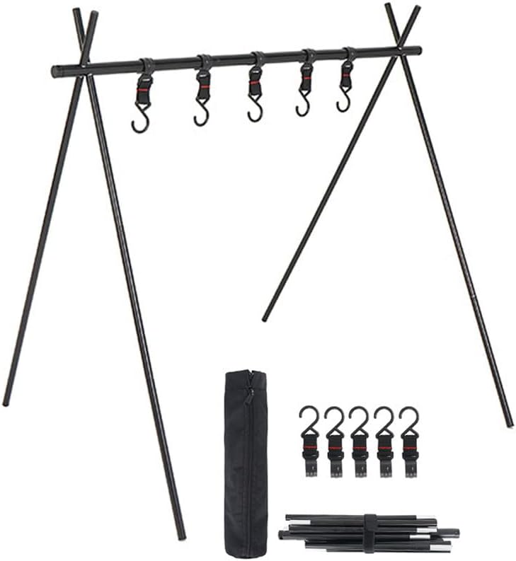 Camping Hanging Rack Folding Portable Tripod Supplies Cookware Multifunction Outdoor Stand Tools with 5Pcs Hooks and Storage Bag for Car Camping BBQ Party Tenting Travel