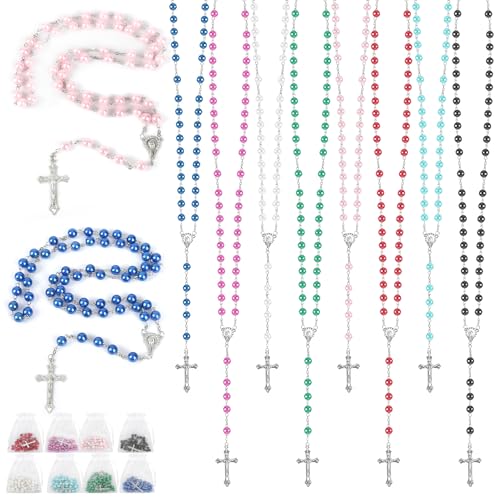 32 Set Pearl Rosary Beads Bulk Glass Rosaries Catholic for Women Jesus Holy Cross Rosary with Organza Bags First Communion Baptism Church Religious Confirmation Present