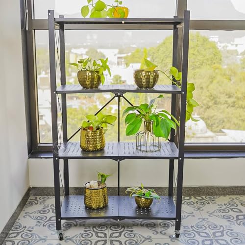 Image of Wooden Street Crisscross 4-Layer Foldable Storage Trolley with Wheels | Multipurpose Metal Rack for Home | Premium Rolling Cart Stand for Spices, Crockery & Planters | Durable & Space-Saving | Black