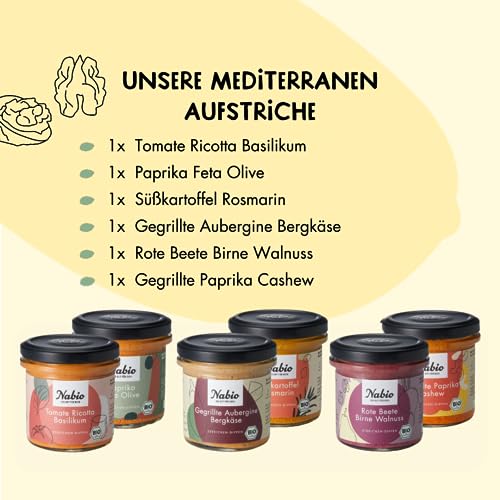 NABIO | Mediterrane Aufstriche und Dips nehmen dich mit auf eine Reise auf die Vorspeisenteller des Südens. 3 x veganer Aufstrich, 3 x vegetarischer Aufstrich (6 x 135g)