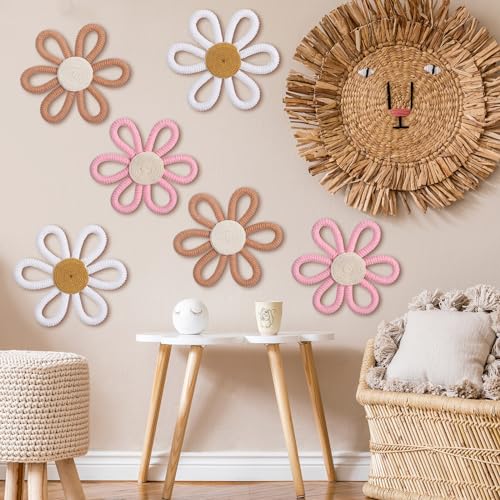Image of Zeyune 6 Pcs Boho Nursery Daisy Flower Wall Art Decor Woven Macrame Wall Pediments Boho Daisy Floral Nursery Art Decor for Home Bedroom Decorations(Classic Color,Yarn and Cotton Rope)