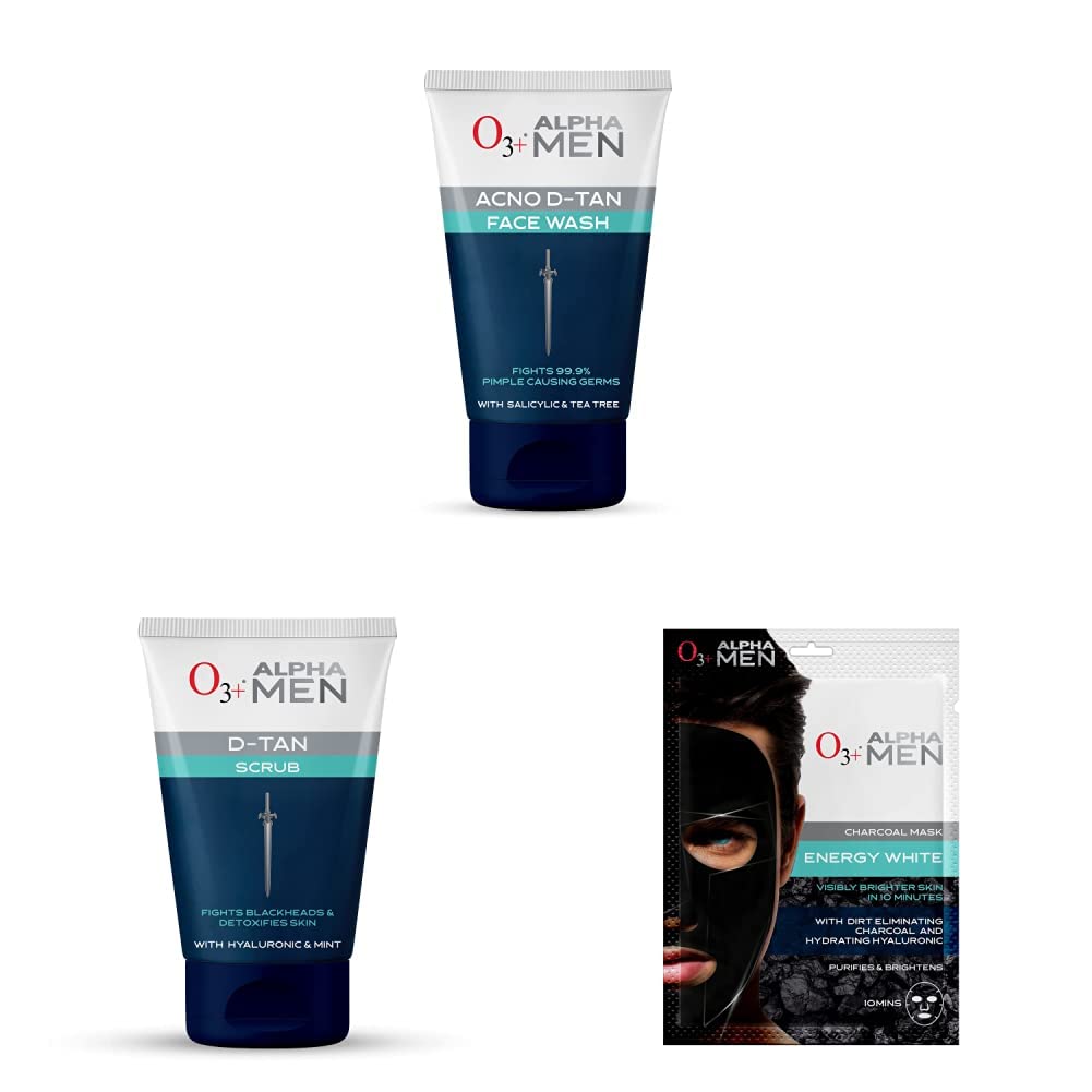 O3+ Alpha Men Acno D-Tan face wash With Tea Tree 100 gram + O3+ Alpha Men Acno D Tan Scrub With Hyaluronic & Mint 50gm + O3+ Alpha Men Energy White Charcoal Face Sheet Mask 30gm-image-12