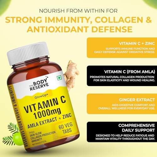 Image of THE BODY RESERVE Natural Vitamin C Tablets From Amla Extracts With Zinc helps Immunity & Skin Whitening Vitamin C Supplements 60 Tablets