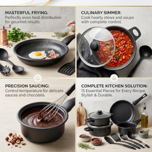 Image of 13pcs Non-Stick Iron Kitchen Cookware Set with Lids - Includes 1Pc Frying Pan, 2Pcs Casserole, 1Pc Sause Pan with 3 Lids & 6Pcs Ladle Set Induction Safe - Nylon Utensils - Beginner Cooking Set