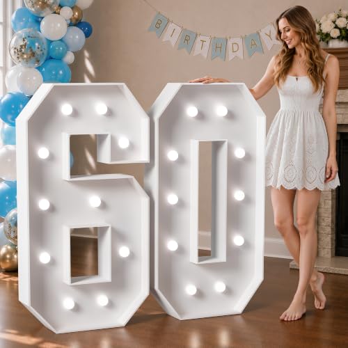 Image of Marquee Numbers 4 Feet Tall Big Light Up Numbers 60th Birthday Decorations Women Men White Anniversary Party Decor Large Cardboard Prop Backdrop Sign 60 | Cool White Light, Large 60th Anniversary Party Decor, Big Stable Sign, Assembly Required, Foam Board 41 Pcs Accessory Set