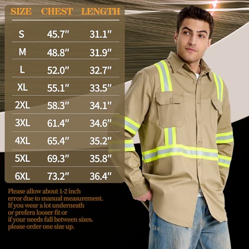 SRsafety Hi Vis FR Shirts for Men,7.0oz Long Sleeve FR Work Shirts,100% Cotton High Visibility Fire Shirt