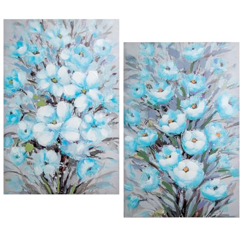 Set de 2 Cuadros rectangulares de Madera con Flores Azules 60x3x90cm